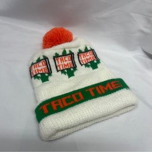 Vintage 90’s Taco Time Beanie Knit With Puff White/Green/Orange Small/Medium
